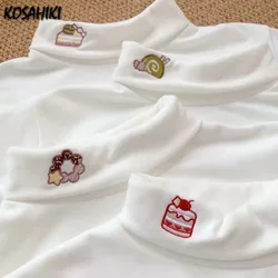 KOSAHIIKI Kawaii Embroidery Japanese Soft Girl Cute Tops Women Fleece Long-sleeve T-shirt High-neck Basic Shirt 2024 New Tees