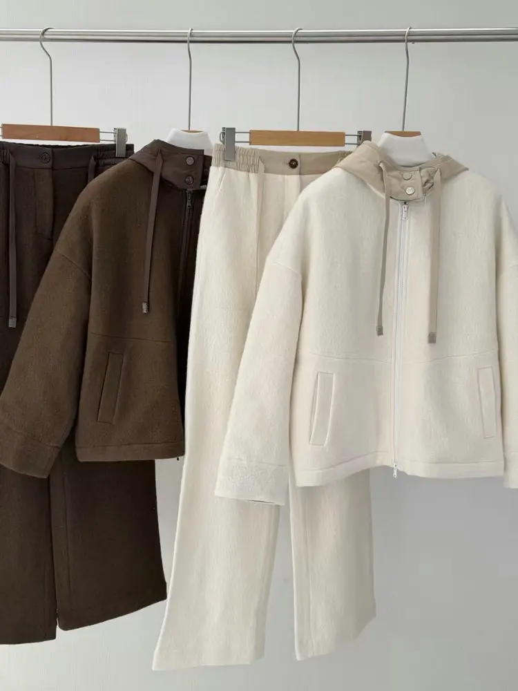 Costume décontracté en laine mélangée B * C pour femme, pull à capuche, veste avec pantalon à taille ample, costume deux pièces, automne hiver 2025