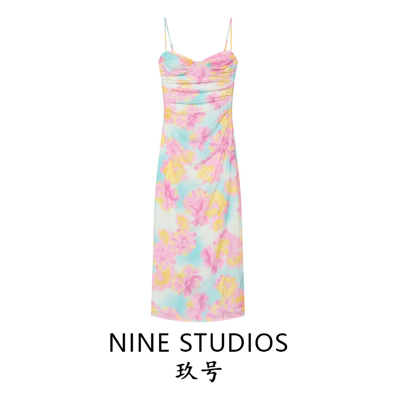 Vestido Largo Sexy con Estampado de Chica Picante, Tirantes de Malla de Seda, Corte Ajustado, NINE ZAR, Vestido de Moda para Mujer, Falda de Poliéster con Estampado de Suavidad Media