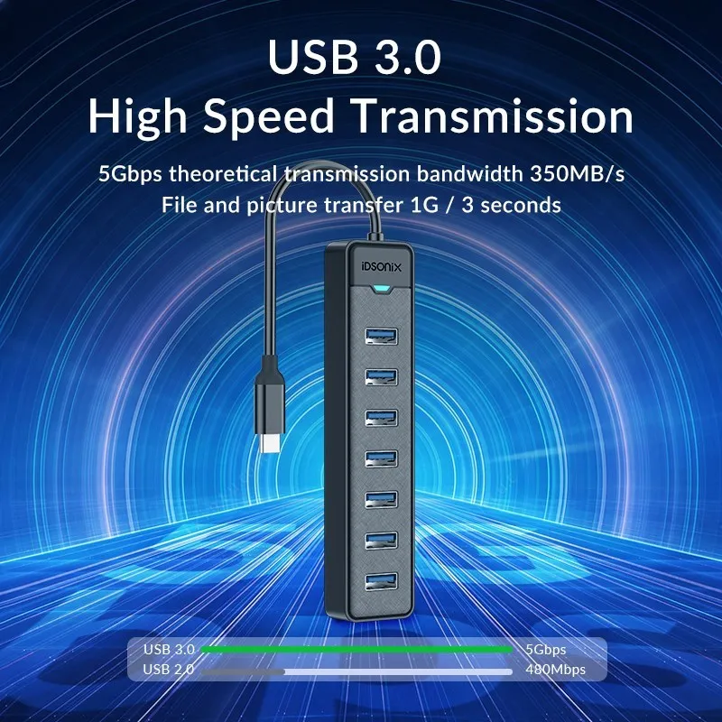 IDsonix USB 분배기 멀티 포트 USB 3.0 허브, C타입 전원 포트, 고속 허브 도킹 스테이션, 맥북 노트북 액세서리, 5Gbps