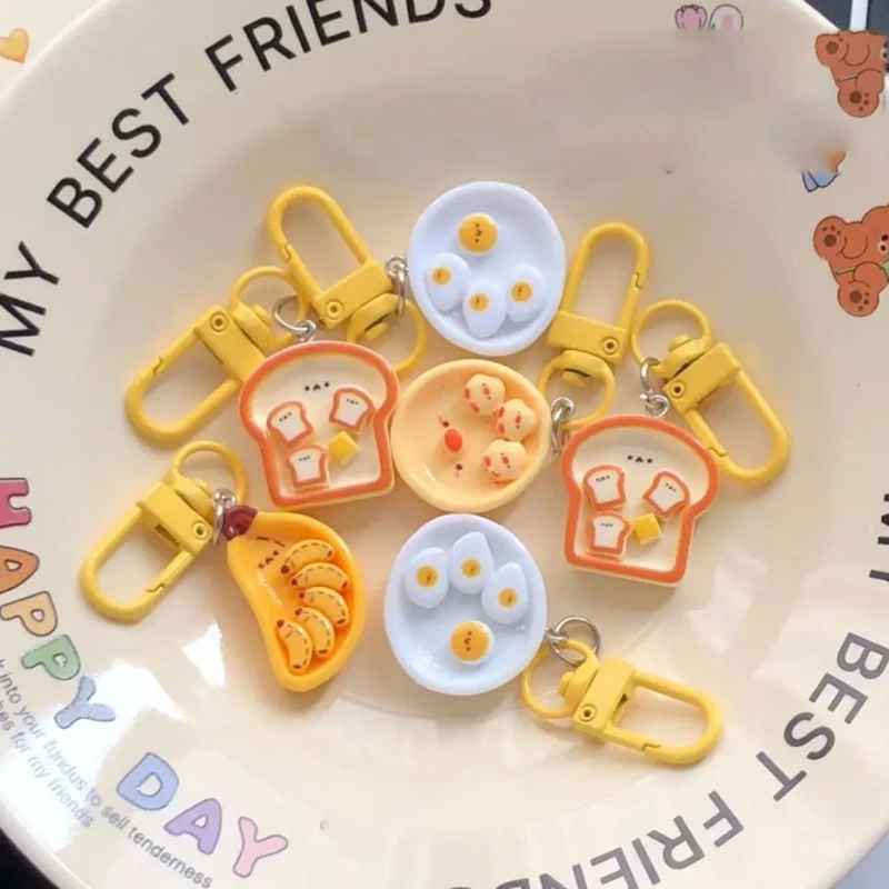 Cute Breakfast Plate Pendant Fun Simulation Food Play Keychain Creative Toast Banana Key Ring Accessorie Girly Heart Bag Lanyard