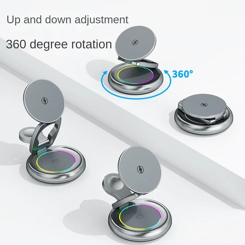 

Магнитное беспроводное зарядное устройство «три в одном», 15 Вт, быстрая зарядка, металлический складной кронштейн для мобильного телефона, вращающийся на 360 градусов °