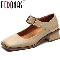 FEDONAS Spring Summer Vintage Women Pumps Square Toe Thick Heels Splicing Genuine Leather Metal Buckle Mary Janes Shoes Woman