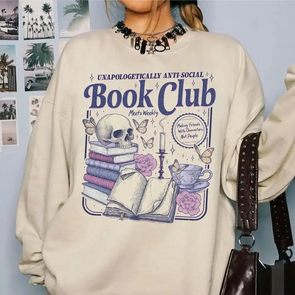سويت شيرت نسائي مضاد للكتب الاجتماعية، قارئ رومانسي، أكمام طويلة، رقبة مستديرة، ملابس Y2K، ملابس يومية غير رسمية