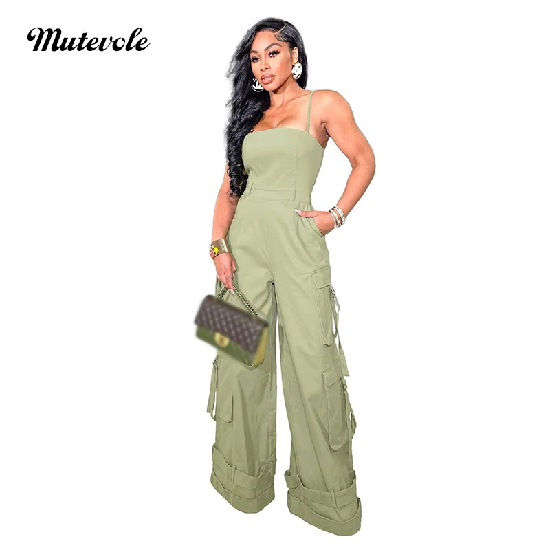 

Mutevole Multiple Pockets Loose Wide Leg Cargo Jumpsuits Women Summer Spaghetti Strap Back Zipper Baggy Jumpsuit