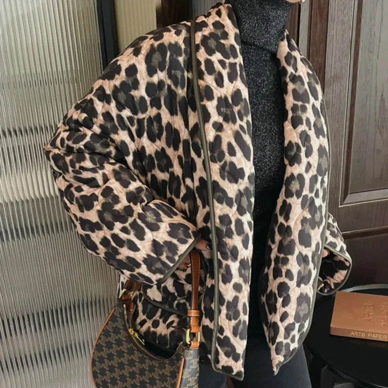 EWQ European Style Fashion Leopard Print Cardigan Cotton Parka Jacket Thin Cotton-padded Coat Top Women Winter 2024 Autumn New