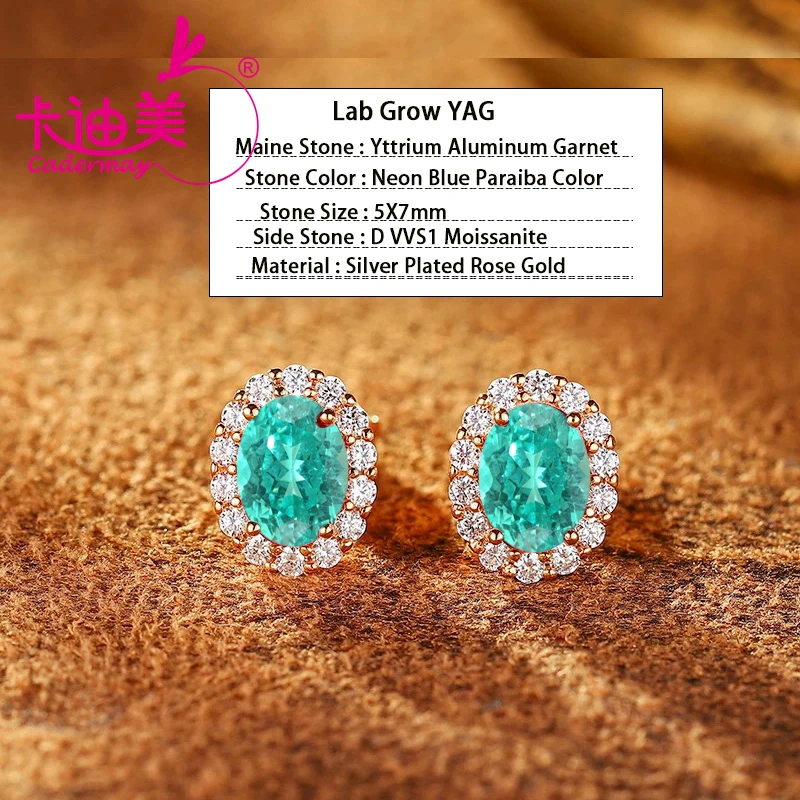 Paraiba Color Lab Grown Yttrium Aluminum Garnet With Inclusion S925 Silver18k Rose Gold Plated Earrings  For Women Fine Jewelry
