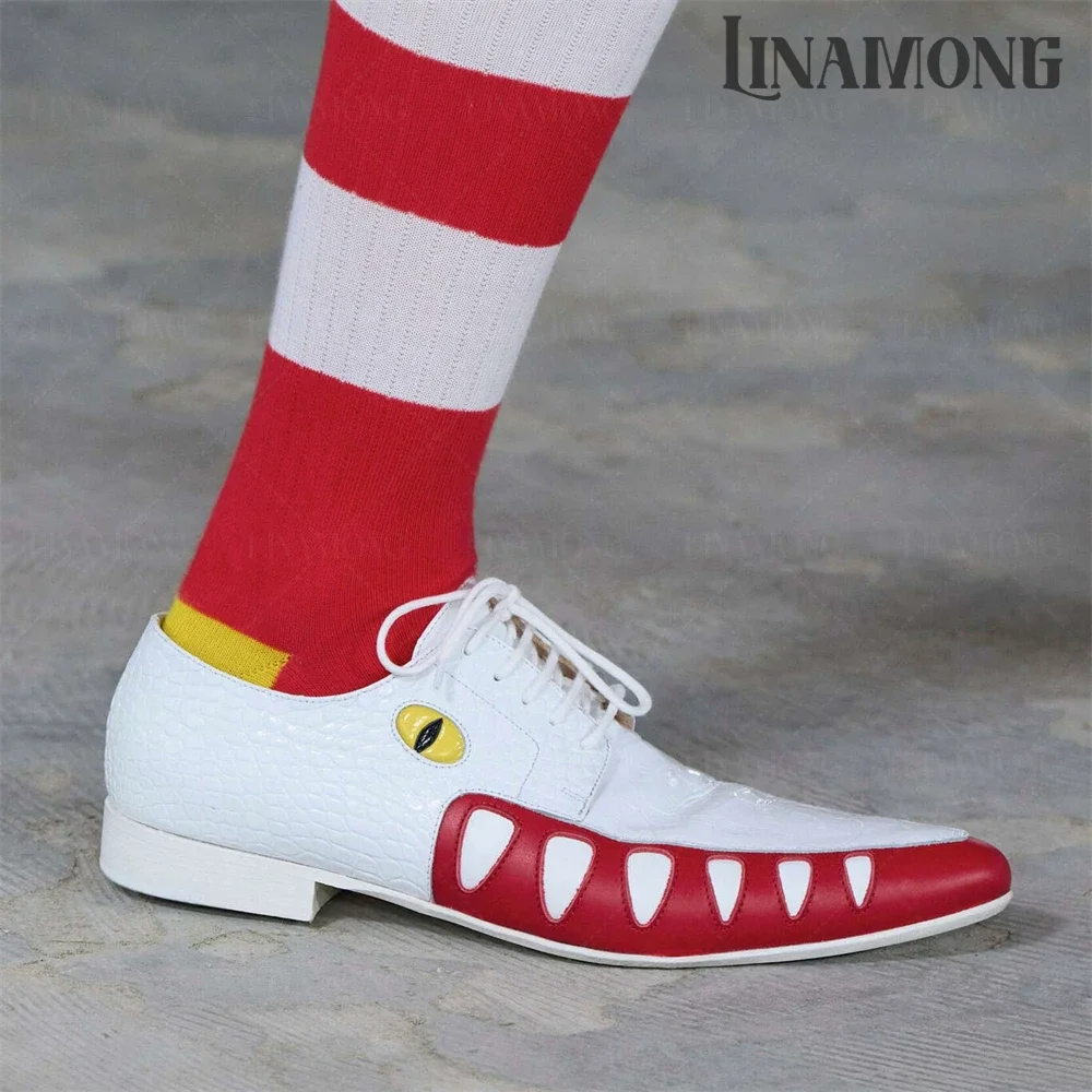 

Eyes Teeth Sewing Novelty Oxfords Designer Style Crocodile Leather Dress Shoes Pointed Toe Low Stacked Heel Men's Leather Shoes