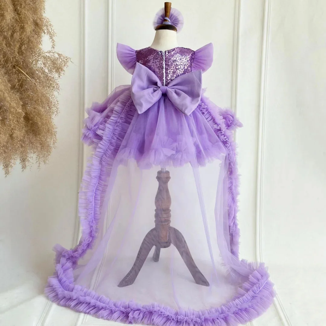 فستان فتاة الزهور مخصص أرجواني ترتر تول متدرج مع فيونكة وزائدة لحفلات الزفاف وأعياد الميلاد وحفلات التواصل المقدس #1