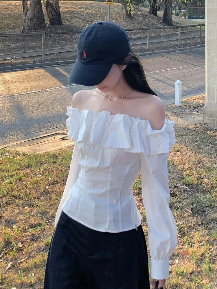 

White Loose Waist Slimming Women's irt One oulder Design French Sle Long Sve Pure Color Autumn Season Faion Top