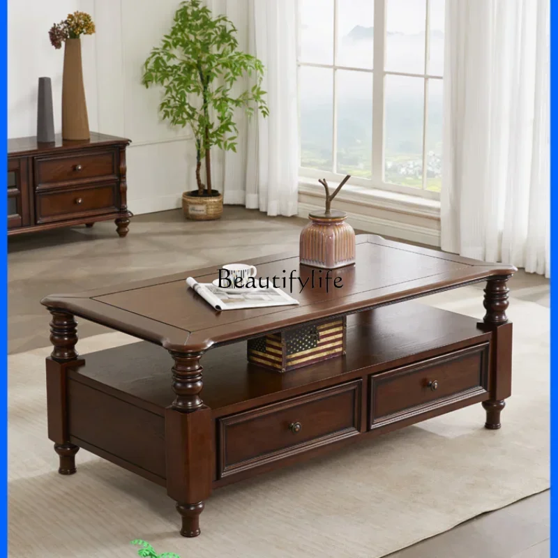 

LD33Small Apartment American Country Solid Wood Tea Table Black Walnut Color Retro Tea Table Storage Tea Table