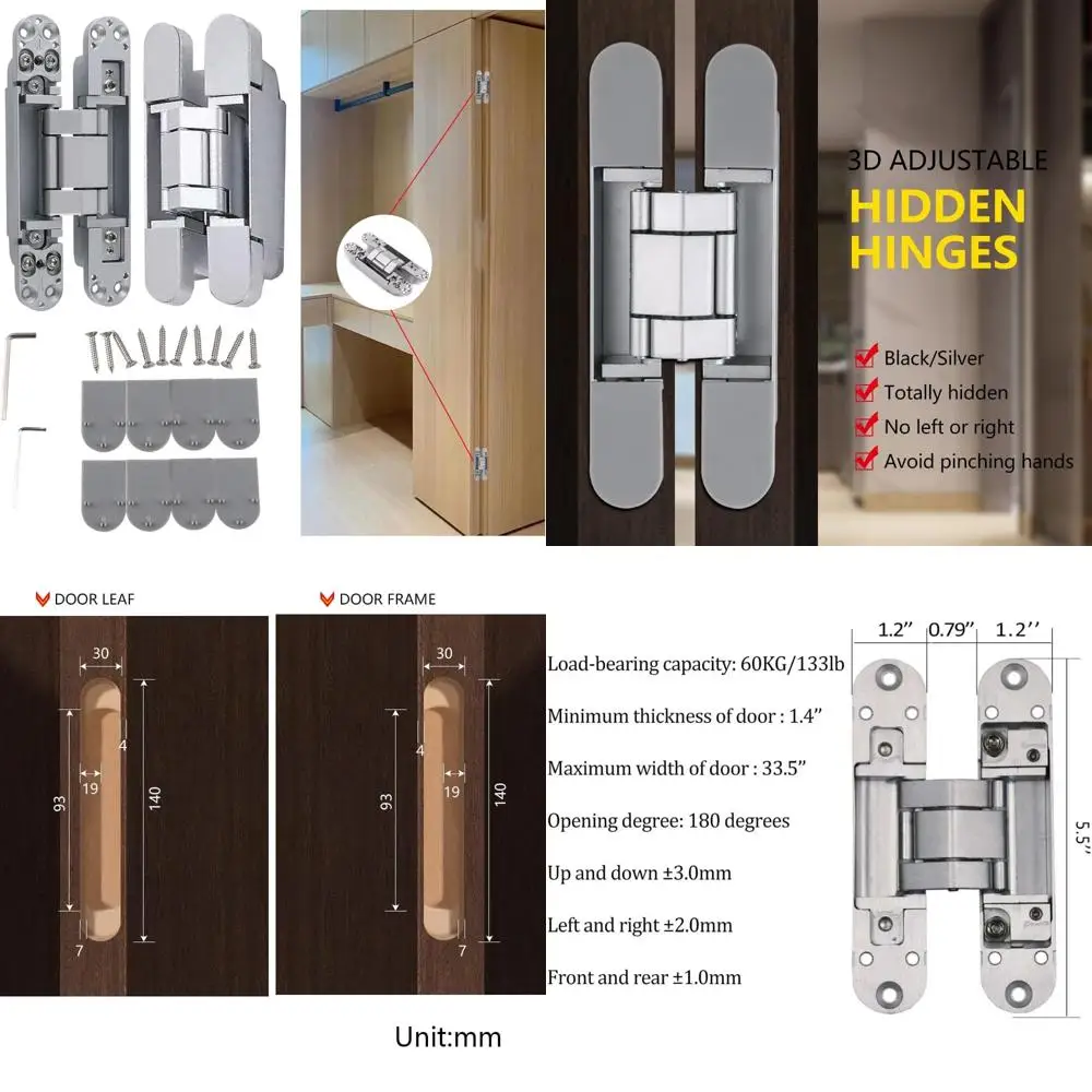

Сверхмощные невидимые петли для поддержки секретных дверей на 180 градусов, грузоподъемность 133 фунтов, размер 5,5, серебро, бесшумная работа
