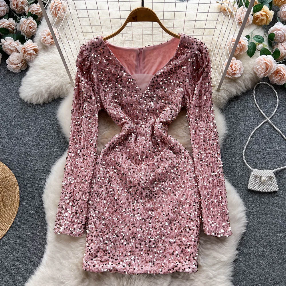 

new sexy sequins V-neck long-sleeved dress female zip slim party dress