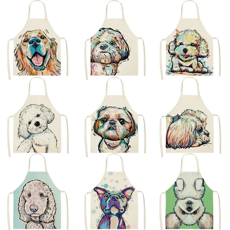 Cute dog pattern apron for women sleeveless linen oil-proof cleaning bib home kitchen cooking baking apron