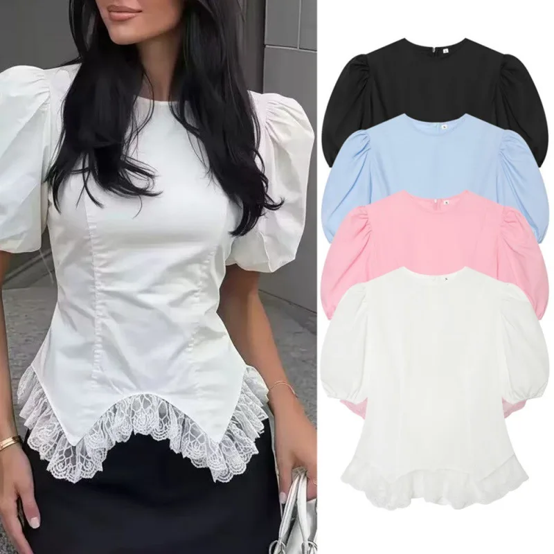 Dave&Di 2026 Summer New Product European And American Style Lace Patchwork Hem Round Neck Short Sleeved Pullover Top
