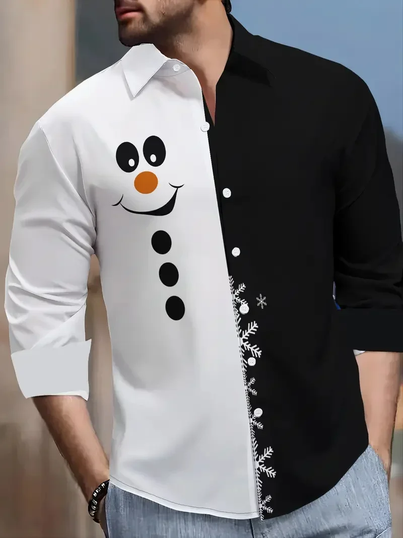 2026 يبتسم عيد الميلاد ثلاثية الأبعاد هدية الكرتون طباعة جديد قميص طويل الأكمام حفلة علوية السنة الجديدة عيد الميلاد قميص طوق زر حتى قميص