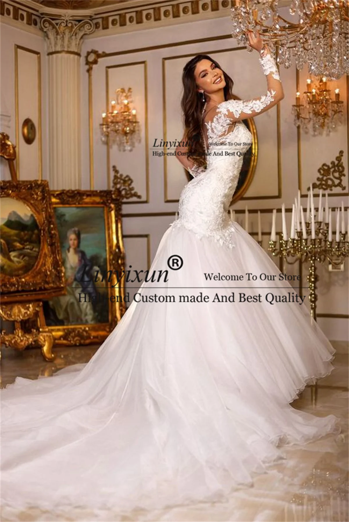 Eleganti abiti da sposa a sirena in pizzo per le donne illusione di pizzo maniche lunghe abiti da sposa Sexy Button Back abiti arabi de novia