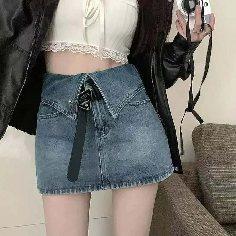 레트로 데님 미니 스커트 여성용 하이웨이스트 슬림 A라인 바디콘 반길이 여름 스커트 안감 포함 안티라이트