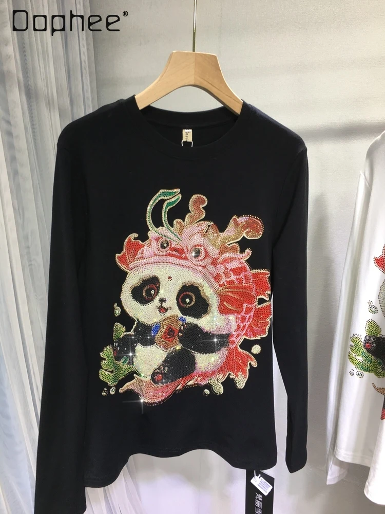 Cute Panda Heavy Embroidery Hot Drilling Bottoming Shirt for Women Spring and Autumn Round Neck Stretch Slim Long Sleeve Top