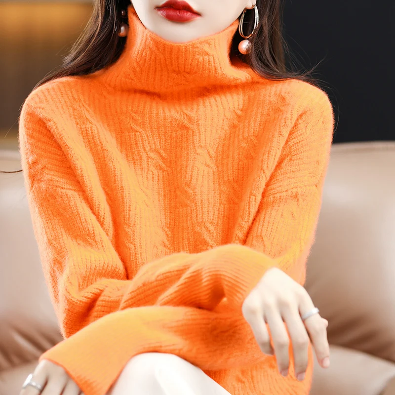 

Женский пуловер из чистой шерсти с высоким воротом, осень-зима, новый вязаный шерстяной свитер, удобный теплый топ, женская одежда