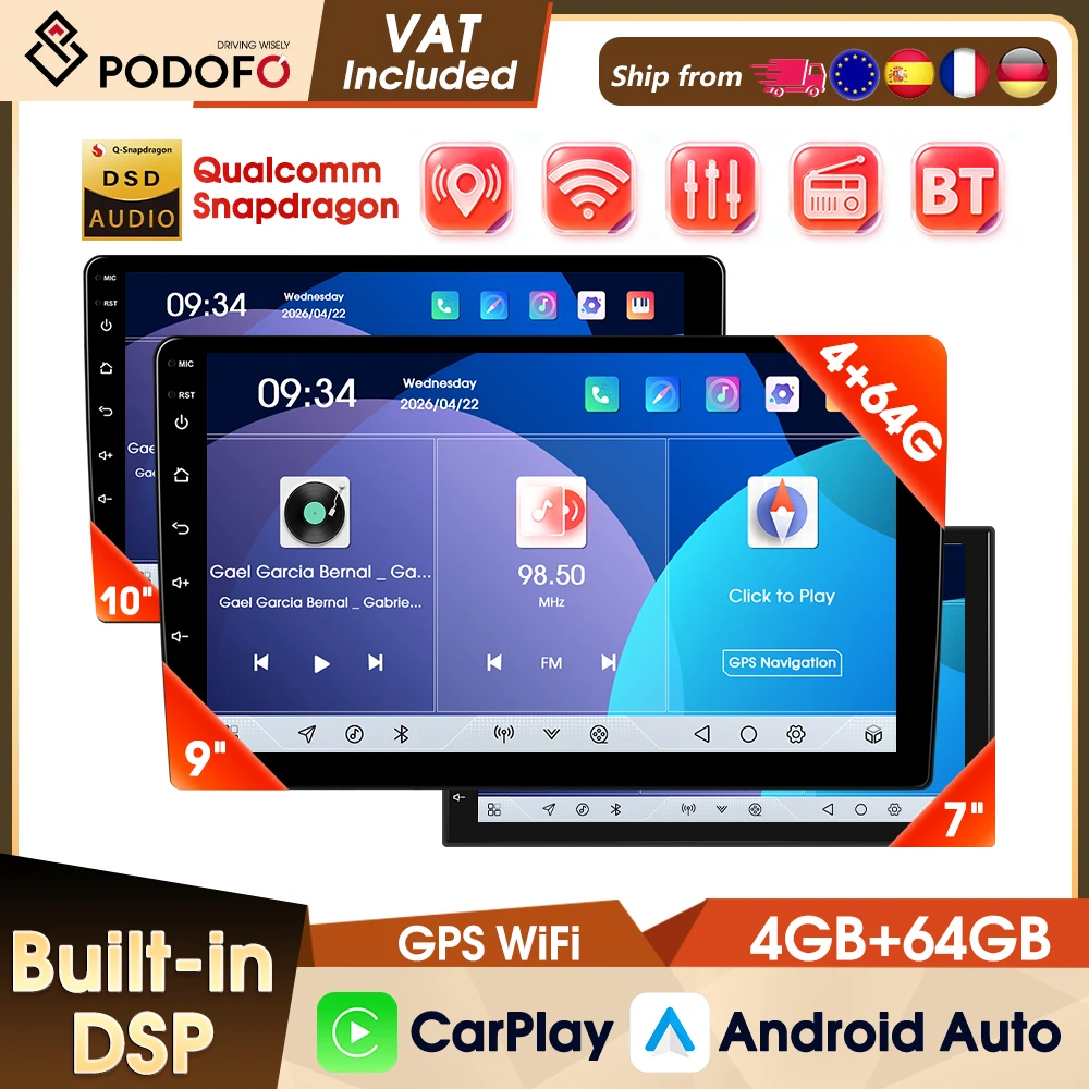 Podofo 7/9/10 Zoll Autoradio 8-Kern 4+64G Auto-Multimedia-Player GPS Bluetooth WIFI FM RDS IPS-Bildschirm Kabelloses CarPlay Android Auto Autoradio