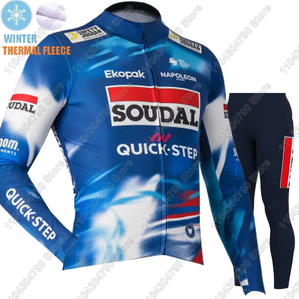 2025 Soudal Quick Step Team Cycling Jersey Set Long Sleeve Themal Fleece Clothing Suit MTB Bike Road Pants Bib