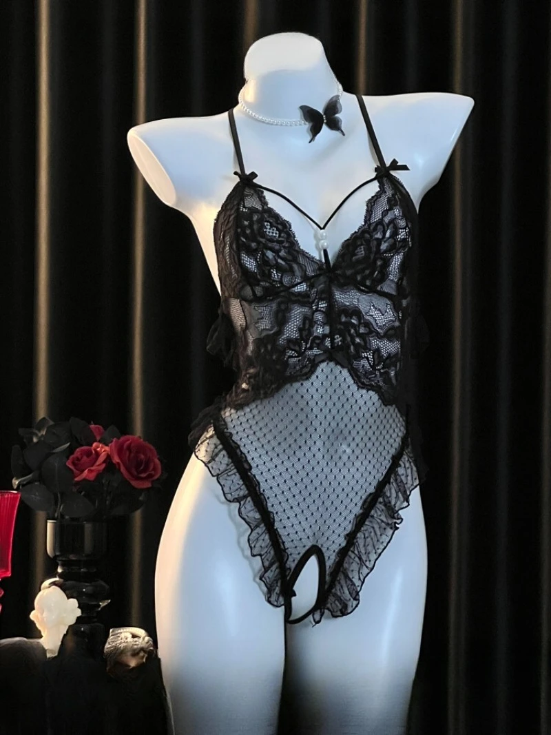 

Черный кружевной комбинезон с лямкой на шее для женщин, сексуальное прозрачное сетчатое белье, боди с открытой спиной, пижама, горячая униформа в зрелом стиле