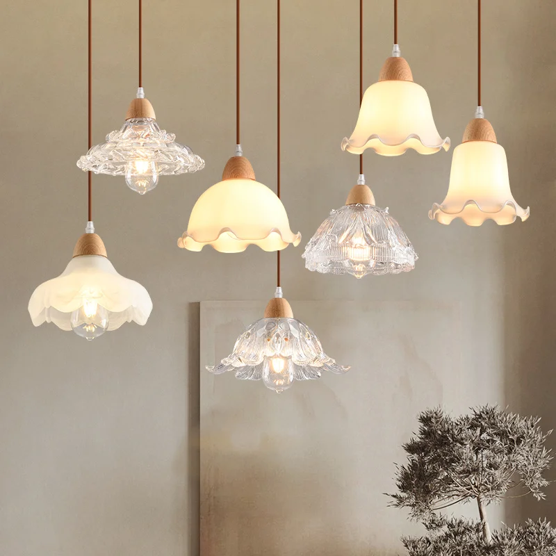 Nordic Lustre Led Pendant Lamp Ceiling Suspended Modern Home Decor Bedroon Kitchen Island Hanging Light Wood Glass Chandeliers