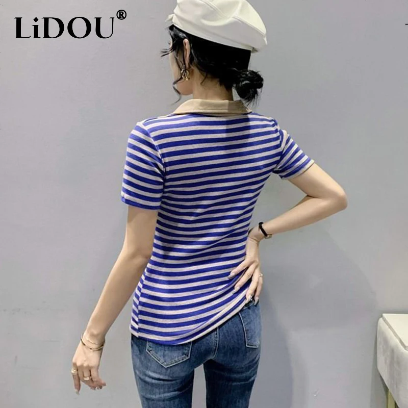 2023 New Korean Fashion Vintage Y2k Aesthetic Sweet Elegant Grace Neat Capable T-shirt Stripe Square Collar Short-sleeve Top