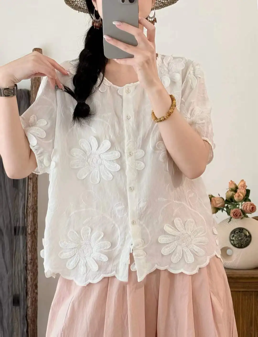 

Embroidered Shirt 2025 Summer New Short Sleeve Cardigan Top Casual Single-breasted Loose Applique Shirts For Women