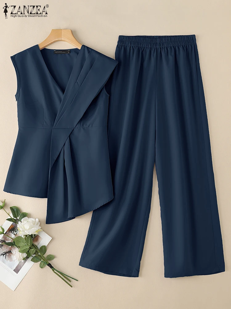 Zanzea escritório assimétrico bainha plissado regata 2 peça define 2025 verão moda feminina chique calça define calças de perna larga 2pcs ternos