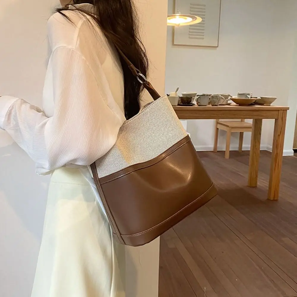 

Универсальная сумка через плечо из искусственной кожи в стиле пэчворк, корейский стиль, большая вместимость, ретро-сумка на плечо, повседневная сумка-тоут для женщин, сумка-ведро для девушек