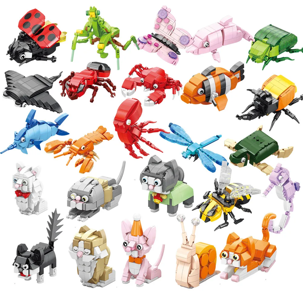 

Insect World Animals Bee Butterfly Dragonfly Crab Octopus Cat Animal Building Blocks Toys Desktop Ornaments Bricks Kids Gift