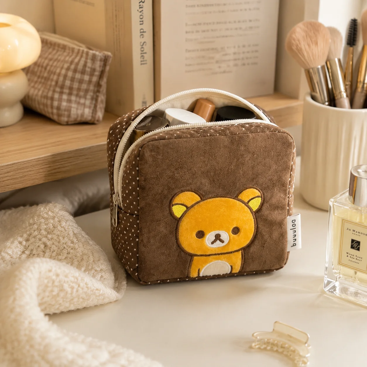 

Rilakkuma Portable Cosmetic Makeup Pouch Embroidered Bear Cute Small Square Bag Travel Toiletry Organizer Inner Liner