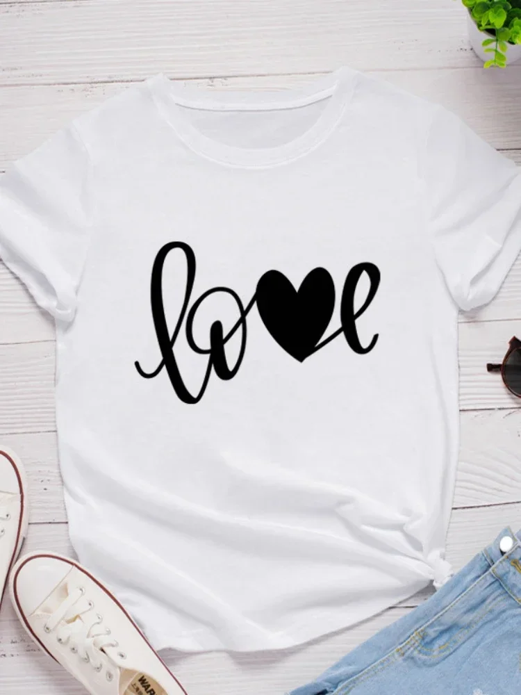 T-shirt à manches courtes et col rond pour femme, imprimé cœur, lettre d'amour, t-shirt pour femme, vêtements en Y