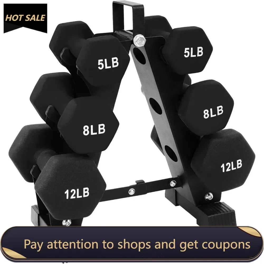 

Multi-Color or Black Neoprene Coated Hexagon Dumbbell Set with Stand, Multiple Sizes Freight free