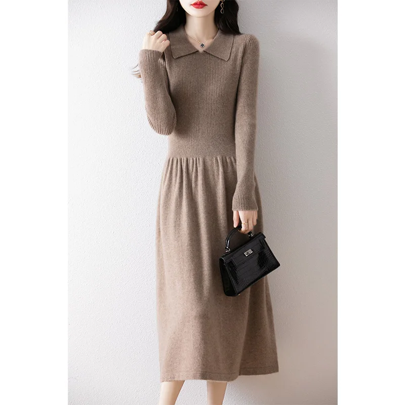 100% merino wool women's knitted dress, casual, fashionable, polo collar, long, warm, new autumn and winter 2024