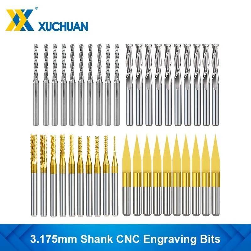 Milling Cutter 10pcs 3.175mm Shank Ball Nose End Mill 2 Flute Flat CNC Router Bits PCB Milling Cutter for Woodworking Tools