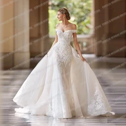 Luxury Lace Appliques Wedding Dresses For Women Detachable Mermaid Sexy Bohemia Off Shoulder Formal Princess Party Bridal Gowns