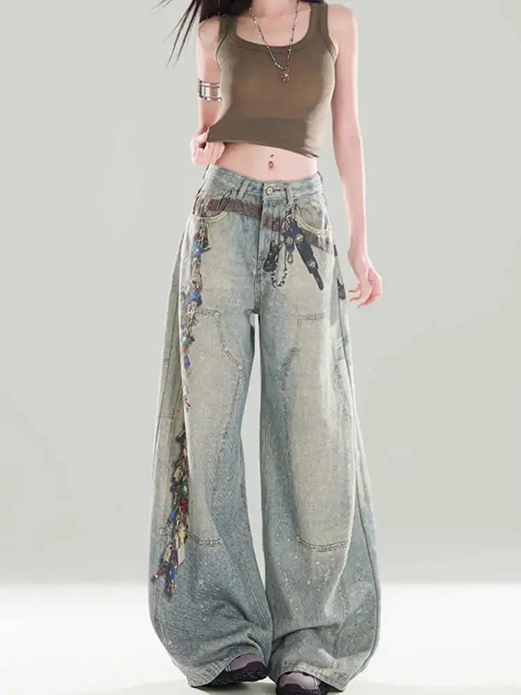 

High Waist Jeans Women Wide Leg Denim Pants Embroidered Flare Trousers Vintage Y2K Style Streetwear