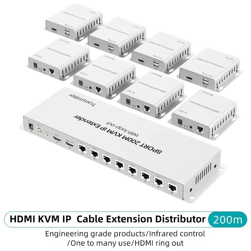 200meter 1x8 Port KVM IP Cable Extender with 1920x1080 Resolution