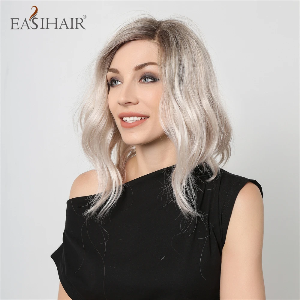 Easyhair krótka, koronkowa z przodu peruki syntetyczne brązowy blond perwersyjne kręcone falowane włosy peruki dla kobiet Balck codziennie odporne