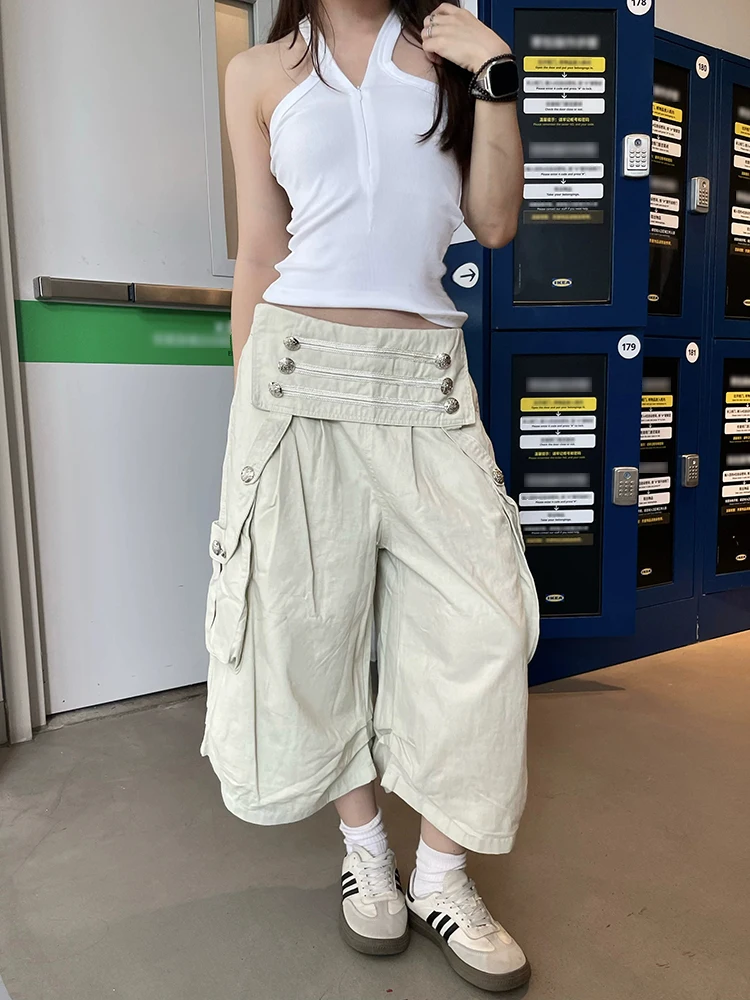 ReddaChic Big Pockets Casual Pants for Women Steampunk Elastic Waist Buttons Pleat Wide Leg Work Pants Retro Alternative Clothes