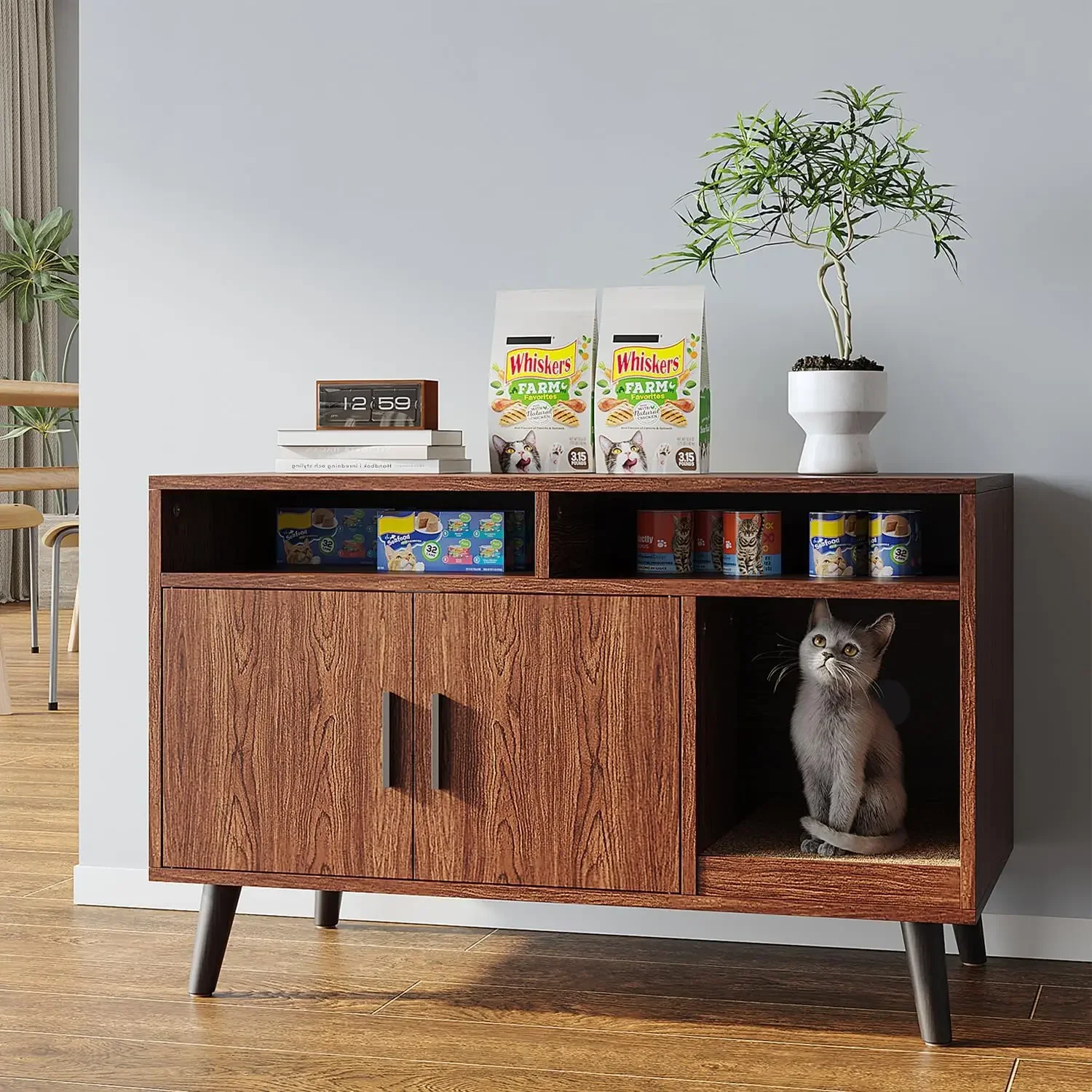 

Cat Litter Box Enclosure, Hidden Litter Box Furniture with Cat Scratch Pad, Wooden Pet House Side End Table,