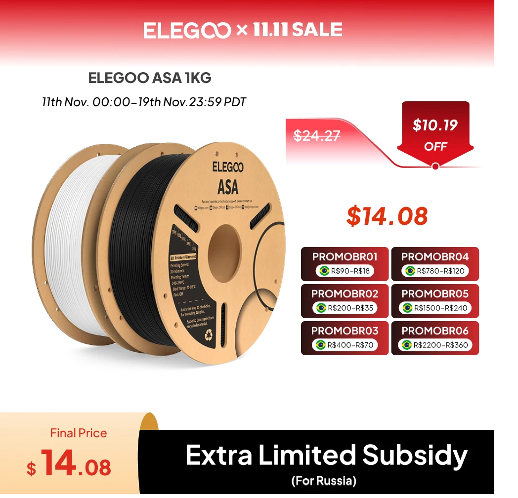 Filament ELEGOO ASA 1.75mm 1KG, Filament d'imprimante 3D résistant aux UV et aux intempéries parfait pour les pièces fonctionnelles extérieures 1KG noir blanc