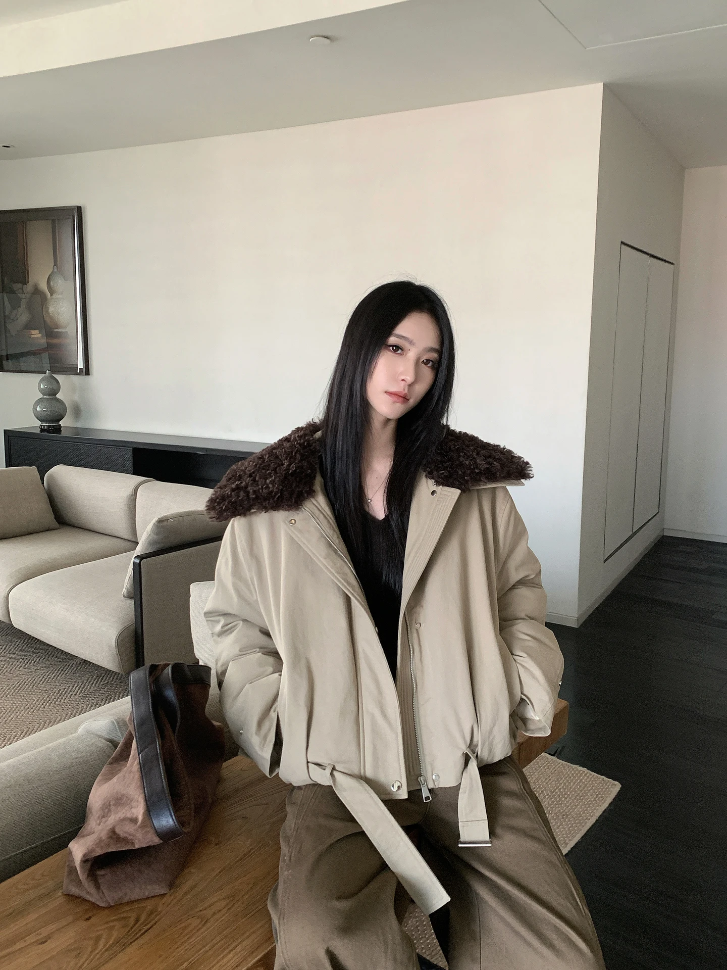 

Женское зимнее теплое свободное пальто цвета хаки из чистого хлопка с меховым воротником, в стиле ретро, для повседневной носки, утепленное, с длинными рукавами, на молнии