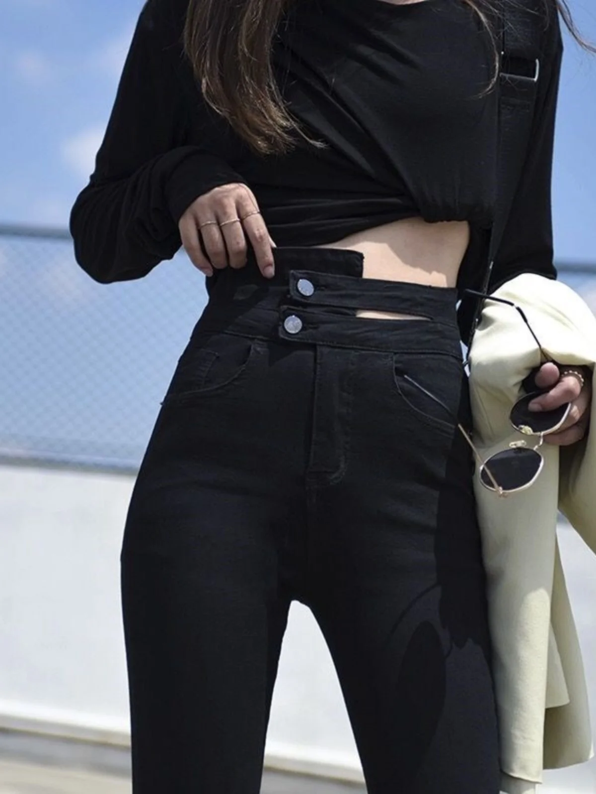

High Waist Black Skinny Jeans Women's Autumn Fashion Korean Style Nine Points Slimming Trousers Tight Fit Denim Pants