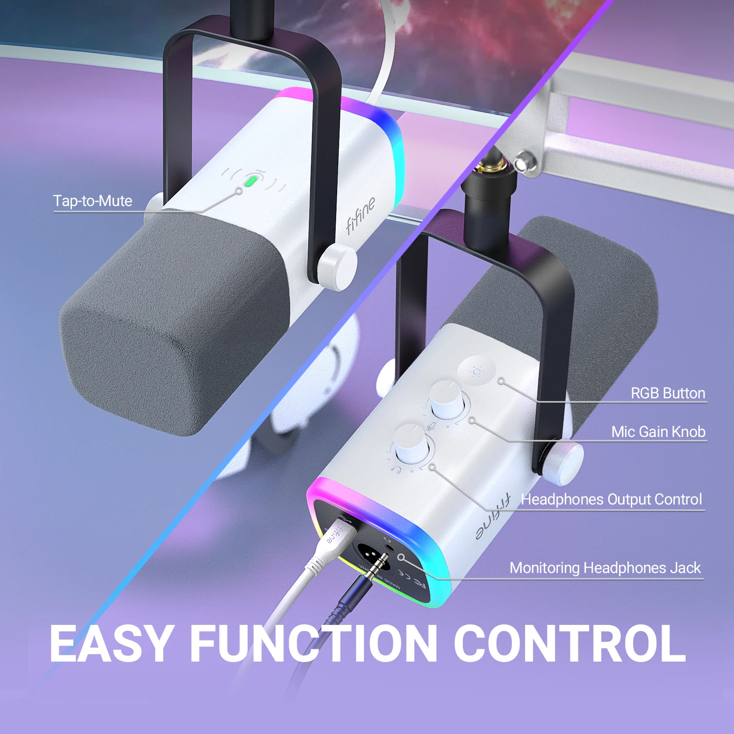 FIFINE USB/XLR 게임용 마이크 키트(헤드폰 잭/RGB/붐 암 포함), PC PS5/4 믹서 AmpliGame White-AM8TW용 다이나믹 마이크 세트 썸네일 4
