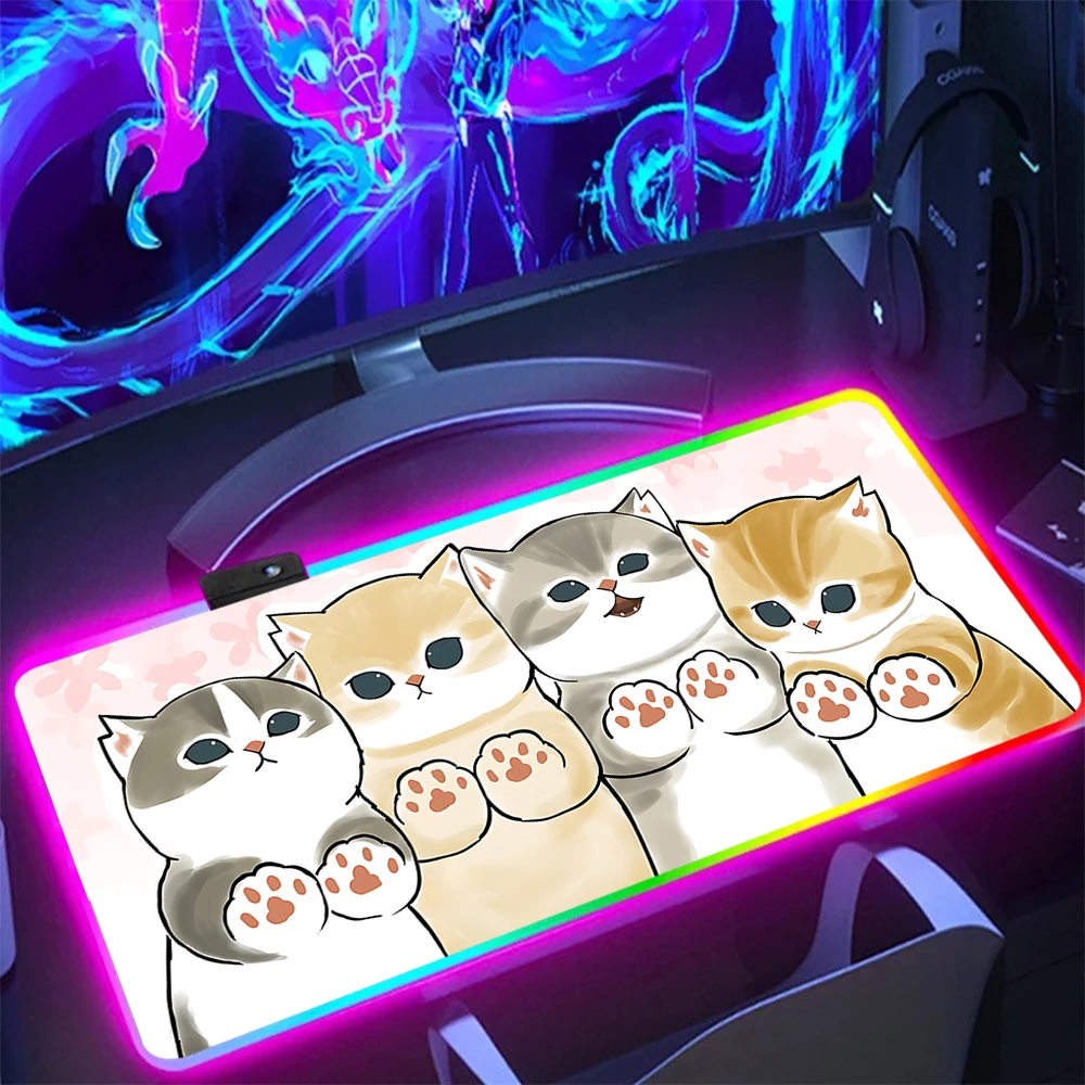 Cute cat m-mofusands RGB Pc Gamer Keyboard Mouse Pad Mousepad LED Glowing Mouse Mats Rubber Gaming Computer Mausepad