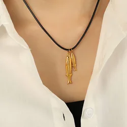 Black rope fish pendant necklaces stainless steel necklaces for women animal winter sweater jewelry stainless steel jewelry
